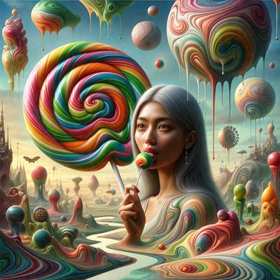 The primary subject of the image is a woman with long hair, who is holding a giant lollipop. She is surrounded by a vibrant and colorful environment, which includes a variety of objects such as balloons, mushrooms, and other decorative elements. The setting appears to be a whimsical and imaginative space, possibly a fantasy world or a surreal artistic creation. The visual style of the image is a combination of digital art and illustration, with a focus on the woman and her